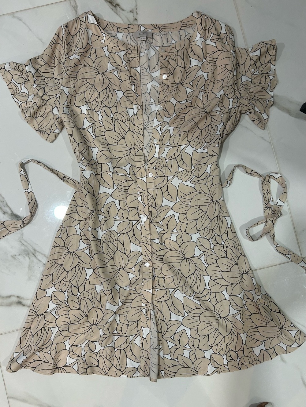 LOFT Beige Floral Button-Front Mini Dress Bottom Down and Waist Tie Short Sleeve